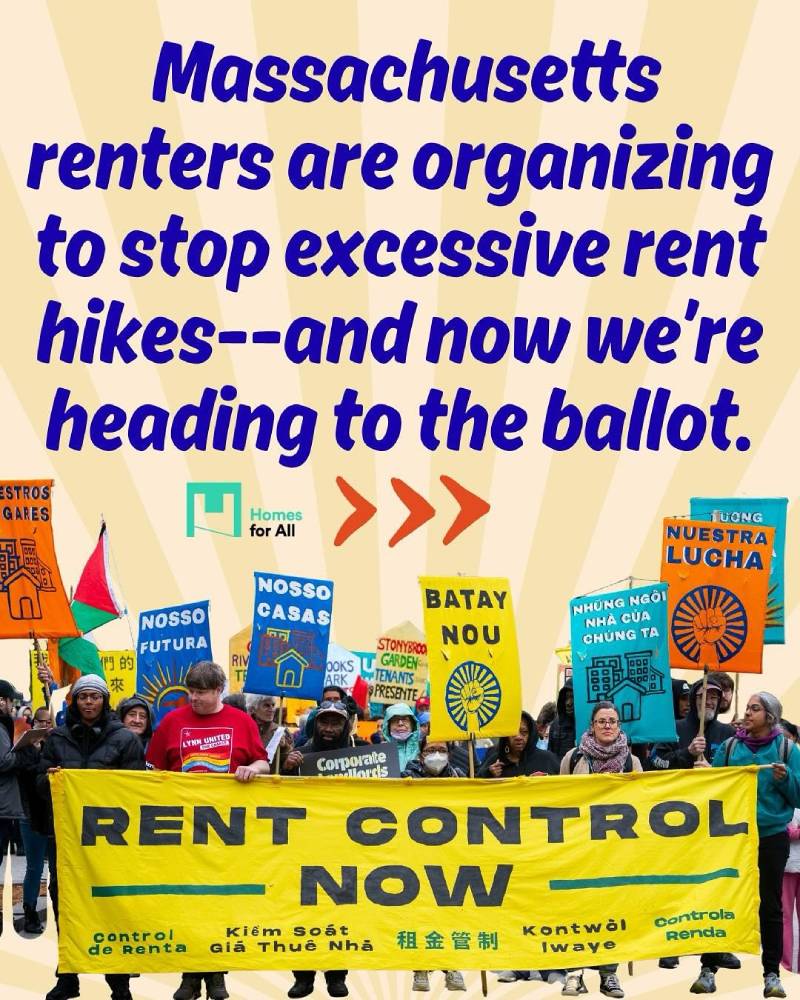 graphic with main text: Massachusetts
renters are organizing to stop excessive rent hikes -- and now we're heading to the ballot. Below text is HFA Mass logo and photo of people marching with protest signs