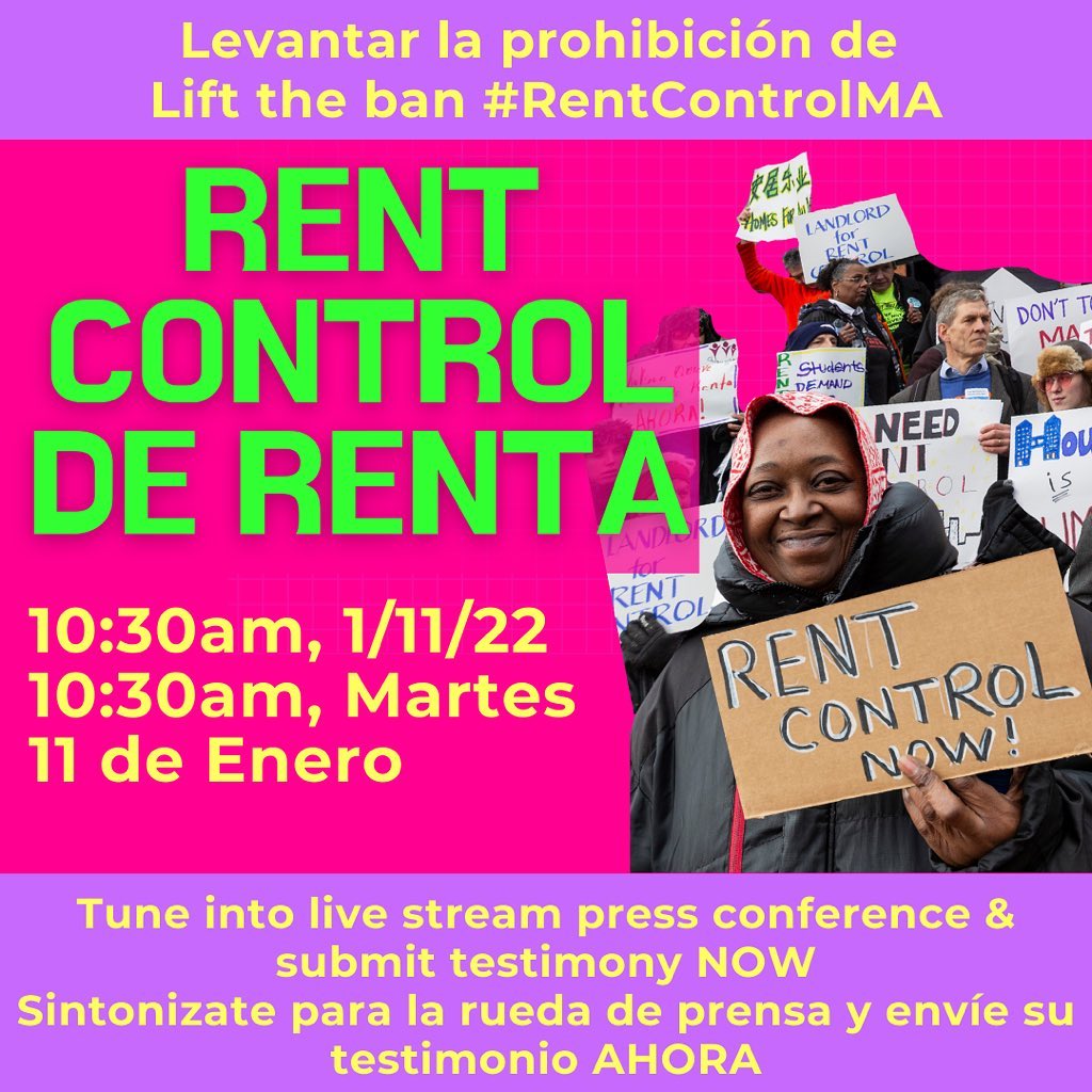 flyer with headline Lift the ban [on] #RentControl. Photo of woman holding Rent Control Now sign. 10:30 am January 11, 2022: tune into live stream press conference. Submit testimony NOW.